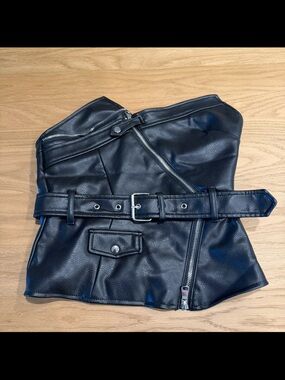 Zara Black Faux Leather Bustier Top with Belt Detail